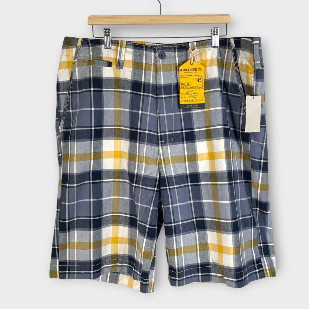 NAUTICA JEANS CO. Chino Shorts Mens 40 Blue Yellow Plaid 100% Cotton Coastal NEW